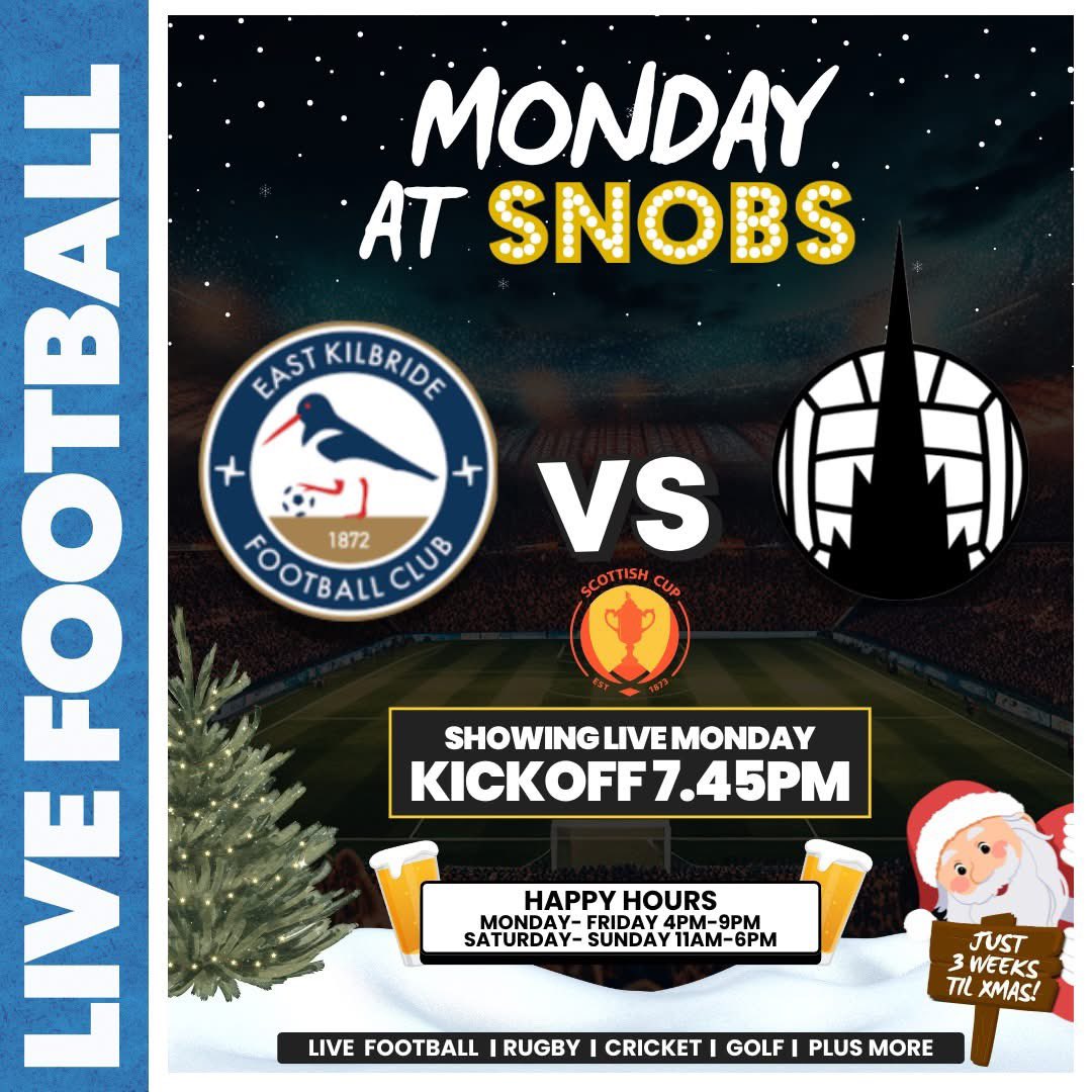 snobsnightclub's tweet image. MONDAY ! East Kilbride v Falkirk 🏟️⚽️

Kick off is from 7.45pm ⚽️

Snobs Birmingham Happy Hours, 7 Days a Week:
 👉 Monday - Friday til 9pm
👉 Saturday - Sunday til 6pm
 #snobs #sport #birmingham #sportsbar #bar #football