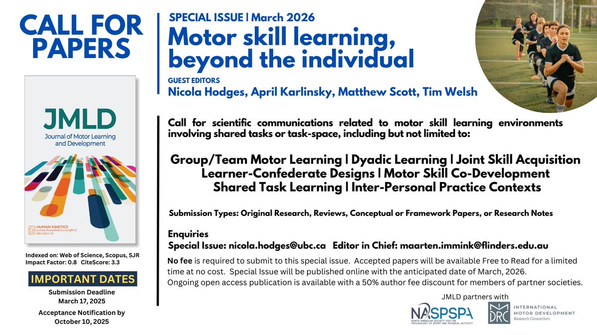 Tim Welsh (@drtimwelsh) on Twitter photo Excited to announce the launching of a Special Issue on motor learning in social contexts in <a href="/JMLDjournal/">Journal of Motor Learning & Development</a> that I am co-Editing with Nikki Hodges, April Karlinsky, and <a href="/MattScott93/">Matthew Scott</a> . Please contact me for details if you are interested in contributing! Excited to announce the launching of a Special Issue on motor learning in social contexts in <a href="/JMLDjournal/">Journal of Motor Learning & Development</a> that I am co-Editing with Nikki Hodges, April Karlinsky, and <a href="/MattScott93/">Matthew Scott</a> . Please contact me for details if you are interested in contributing!