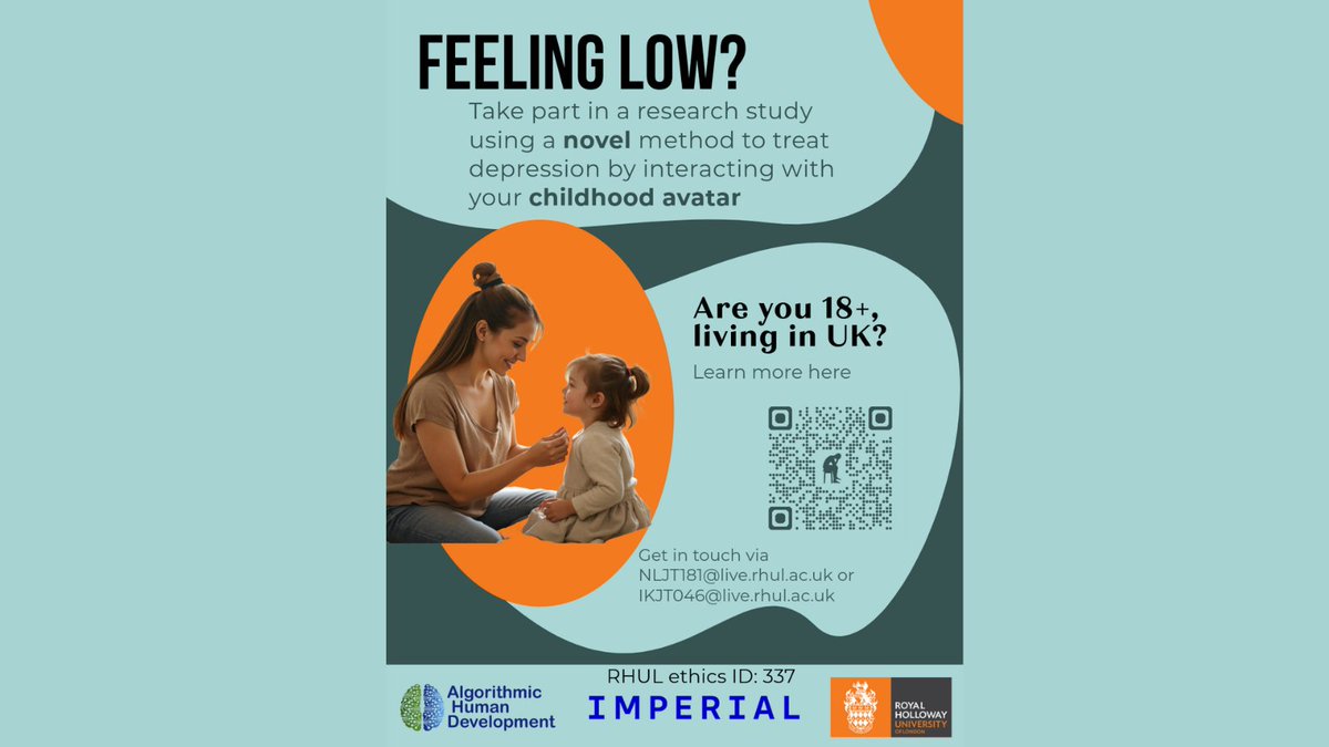 Imperial Computing (@iccomputing) on Twitter photo We’re inviting you to take part in an innovative research study exploring a novel method to treat depression by interacting with your childhood avatar.
To learn more or participate, get in touch:
NLJT181@live.rhul.ac.uk
IKJTO46@live.rhul.ac.uk
RHUL Ethics ID: 337
#Imperial We’re inviting you to take part in an innovative research study exploring a novel method to treat depression by interacting with your childhood avatar.
To learn more or participate, get in touch:
NLJT181@live.rhul.ac.uk
IKJTO46@live.rhul.ac.uk
RHUL Ethics ID: 337
#Imperial
