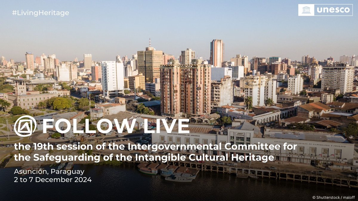 UNESCO's tweet photo. Happening now in📍 Asunción, #Paraguay 🇵🇾 : the 19th session of the Intergovernmental Committee for the Safeguarding of the Intangible #CulturalHeritage!

Discover more: https://t.co/Hq8tLTiumB #LivingHeritage https://t.co/iTe1YFdsKj