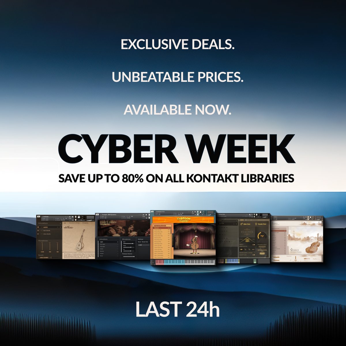 Cyber Week is here! Last 24 hours to take advantage of exclusive deals and unbeatable prices. Don’t miss the chance to upgrade your music production with premium-quality libraries! fluffyaudio.com #CyberWeek #FluffyAudio #KontaktLibraries #ExclusiveDeals #MusicProduction