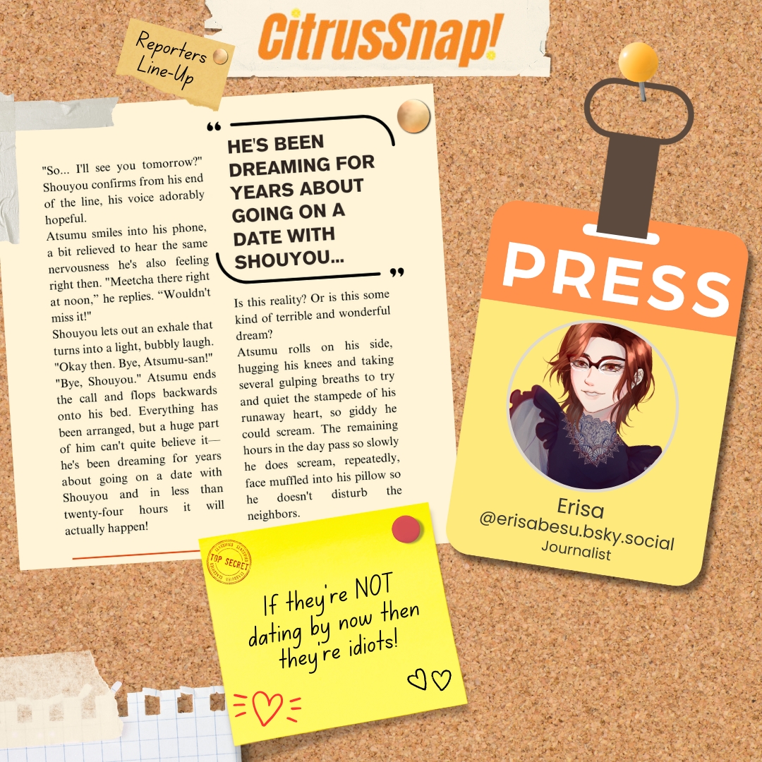 AtshnSnap's tweet photo. Let's welcome our next reporters @yukinaAiyu and @erisabesu3, celebrated for their prowess and knack for uncovering the most compelling scoop!  Get ready to be amazed by their groundbreaking work 💻

#atsuhina #侑日 #CitrusSnap 🍋🍊 https://t.co/ahB8JwGCsj