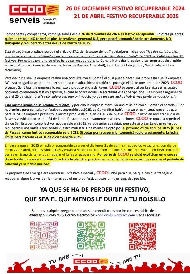Información sobre los festivos recuperables de 2024 y 2025.
#LuchamosPorVosotros #CCOOEmergiaCatalunya #CCOOEmergiaCatalunyaSeMueve #JuntosSomosMásFuertes