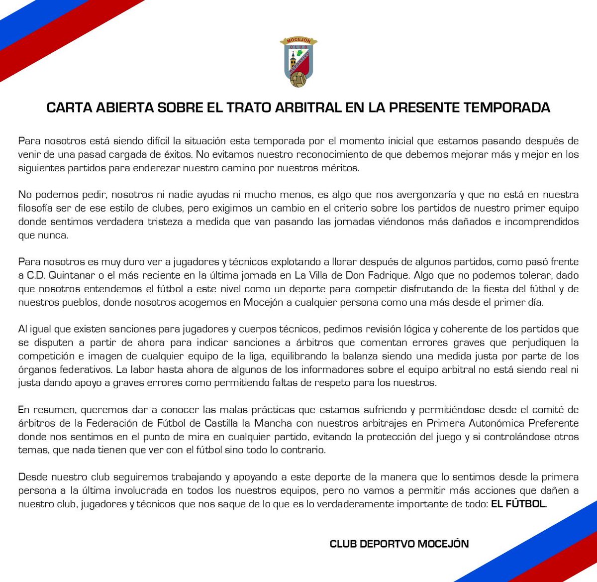 🔴 CARTA ABIERTA DE QUEJA SOBRE ACTUACIONES ARBITRALES EN PRIMERA AUTONÓMICA PREFERENTE.

Desde el Club Deportivo Mocejón mostramos nuestro malestar viéndonos gravemente afectados esta temporada, con más protagonismo en las tres ultimas jornadas.

#DaleMoce