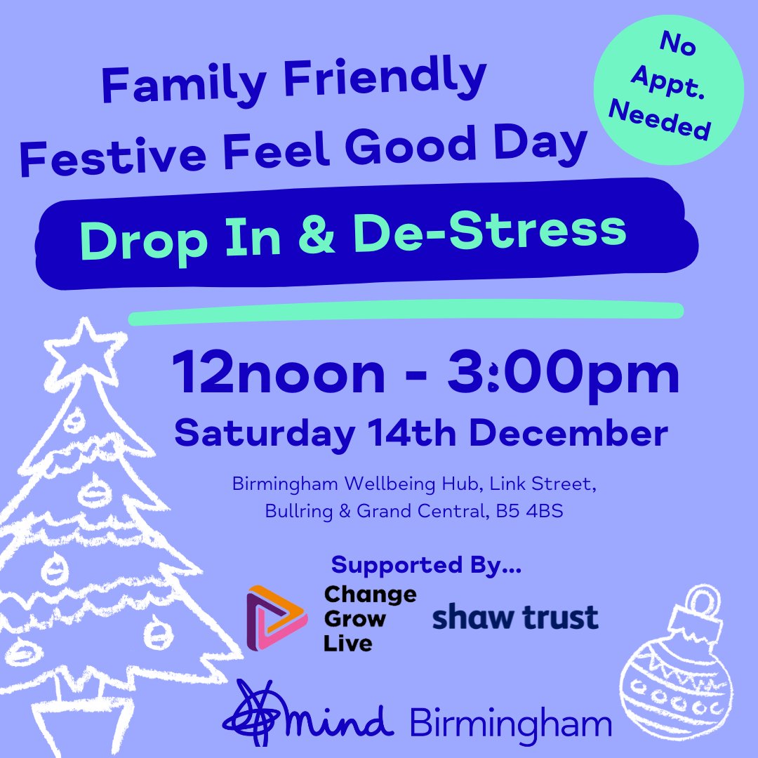 ❄️ Join us on Sat 14th Dec for our Festive Drop In &amp; De-stress wellness day❄️

Free wellbeing activities, inc crafting, live music, face painting &amp; hand massage

📅 Sat 14th Dec
🕥 12noon - 3pm
📍 Wellbeing Hub, Link Street, Bullring &amp; Grand Central B5 4BS (Next to TK Maxx)