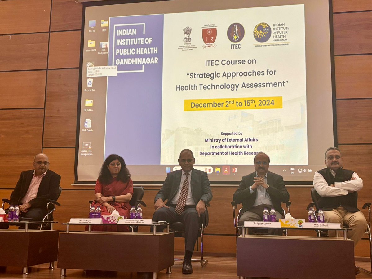 DeptHealthRes's tweet photo. 15 day ITEC Program on Strategic Approaches for Health Technology Assessment inaugural is attended by Shri Viraj Singh IFS Additional Secretary DPA-II MEA, Ms Anu Nagar Joint Secretary DHR, Dr A M Kadri, ED SHSRC, Dr Sanjay Zodpey President PHFI &amp; Dr Deepak Saxena Director IIPHG. https://t.co/38DmcGI53N