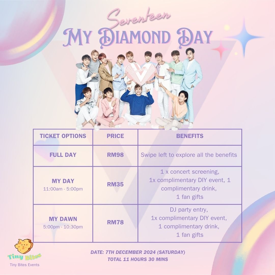 tinybitesevents's tweet photo. PSA: PUBLIC ACCESS IS AVAILABLE!!

We’ve received a lot of feedback from Carats, and some might not be able to attend a full-day event. Don’t worry! We’re now introducing 2 passes.

#MyDiamondDay2024 #세븐틴 #SEVENTEEN #pasarseventeen #pasarsvt #pasarsvtmy #pasarseventeenmy https://t.co/ocBqcbEL1R