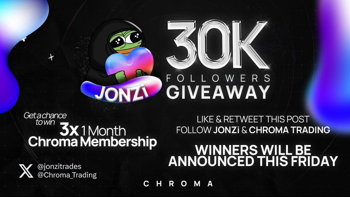 finally hit 30k followers over the weekend so only makes sense we do a giveaway! 🥳

3 x 1 month <a href="/Chroma_Trading/">Chroma</a> membership ✍️

rules:
- like &amp; retweet this post
- follow me &amp; <a href="/Chroma_Trading/">Chroma</a> 

best of luck, winners announced this friday :)