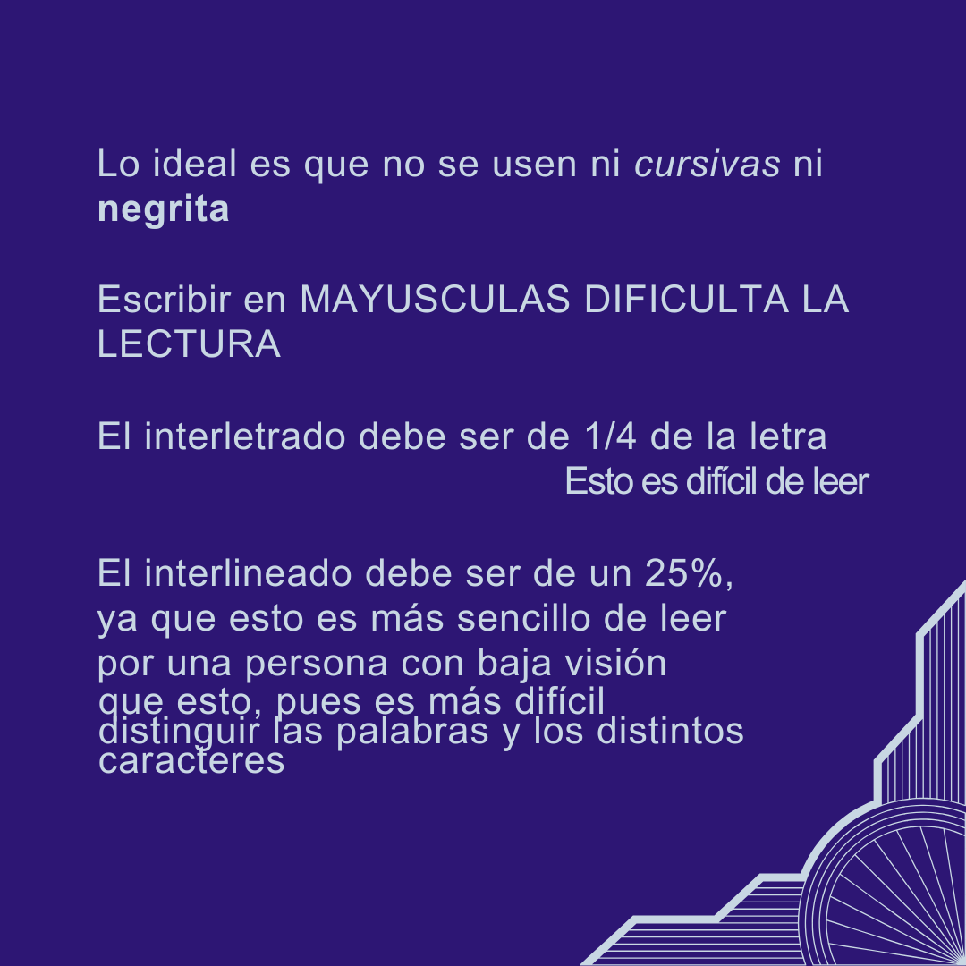 miopia_magna's tweet photo. La @Fundacion_ONCE  realiza una serie de indicaciones para la legibilidad de textos escritos por personas con baja visión. Nos hemos hecho eco de estas y hemos elaborado unas infografías para su rápida comprensión. https://t.co/c0SVWW6bBa
