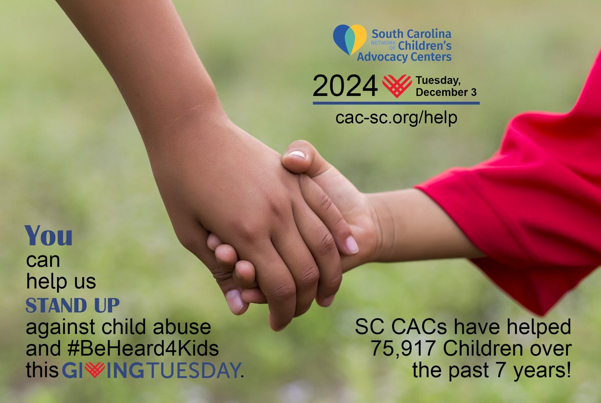 scncac's tweet photo. This Giving Tuesday, you can support the statewide response to child abuse in South Carolina by helping us support the work of Children's Advocacy Centers and the over 13,000 children they help each year. Visit https://t.co/Q1vKDXBiwy to learn more! https://t.co/ybILP0l3mG
