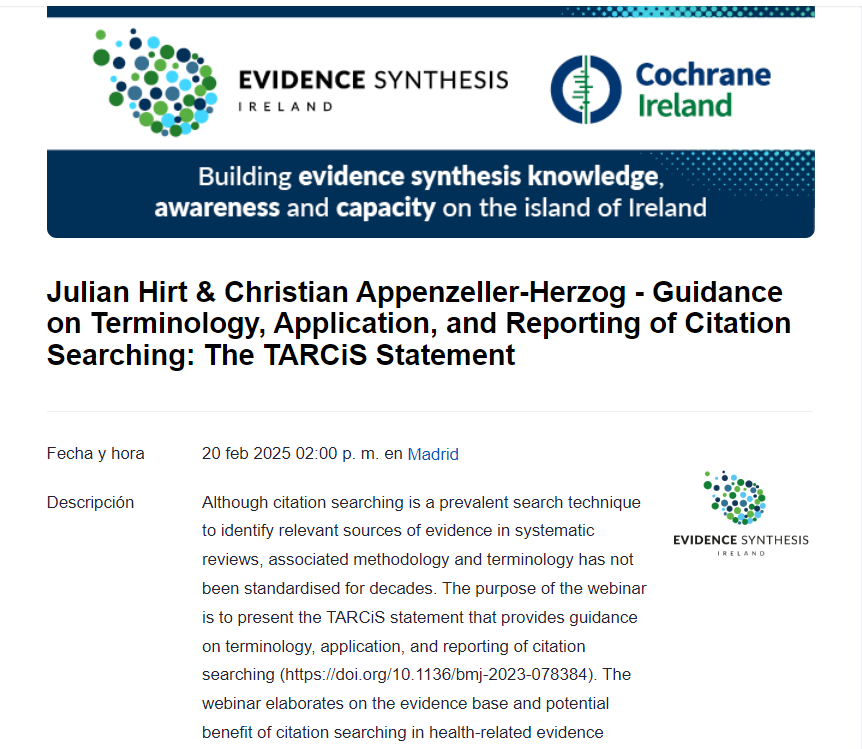 Concepcion Campos-Asensio (@bibliogetafe) on Twitter photo Webinar gratuito: "Guidance on Terminology, Application, and Reporting of Citation Searching: The TARCiS Statement"
Métodos de búsqueda de citas para #RevisionesSistemáticas
#SysRev #medlibs <a href="/CochraneIreland/">Cochrane Ireland</a>
Inscripción: universityofgalway-ie.zoom.us/webinar/regist… Webinar gratuito: "Guidance on Terminology, Application, and Reporting of Citation Searching: The TARCiS Statement"
Métodos de búsqueda de citas para #RevisionesSistemáticas
#SysRev #medlibs <a href="/CochraneIreland/">Cochrane Ireland</a>
Inscripción: universityofgalway-ie.zoom.us/webinar/regist…