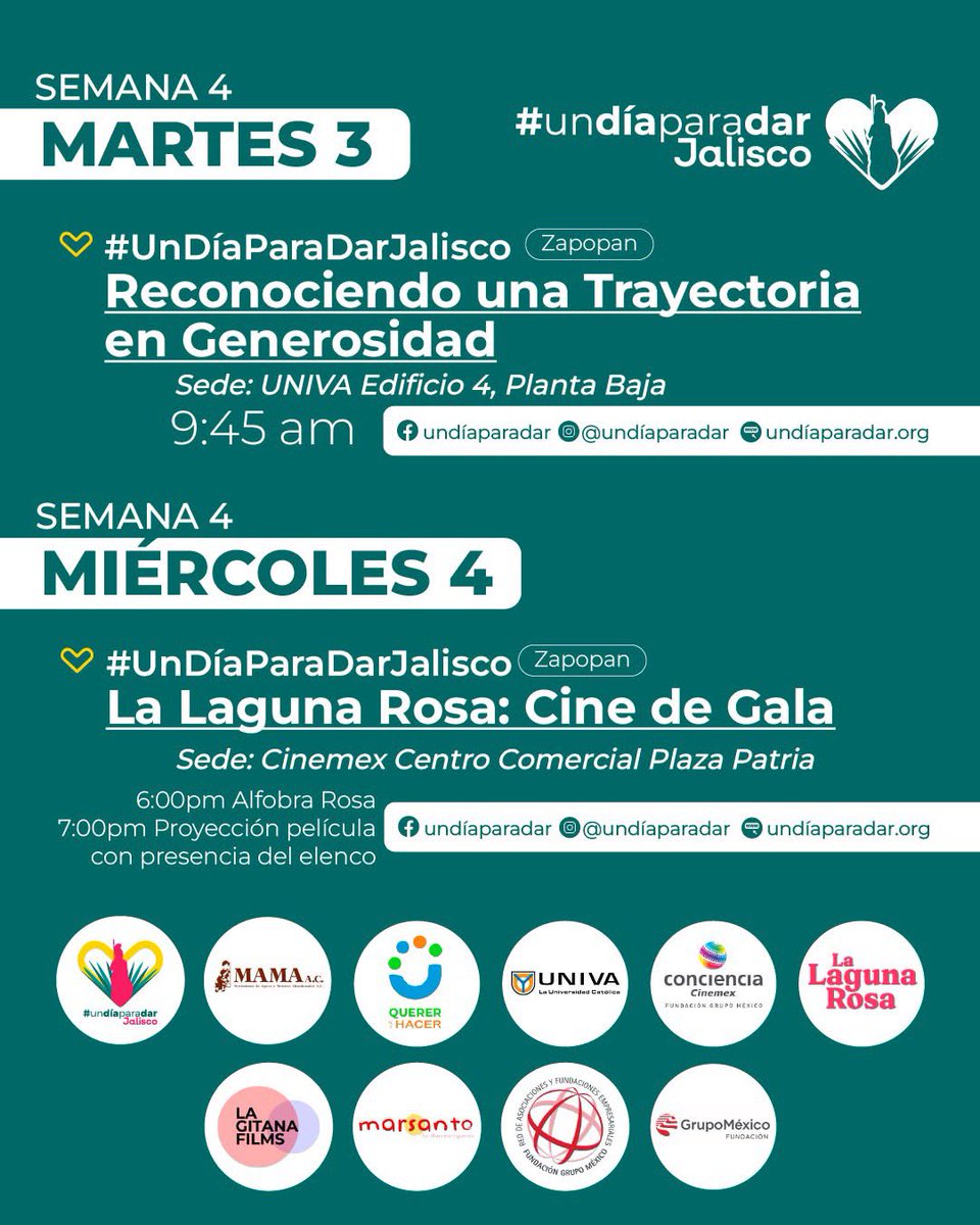 Semana 4 🙌🏻

#undiaparadarjalisco
#GivingTuesday 
#undiaparadar

<a href="/GivingTueLAC/">GivingTuesday LAC Hub</a> 
<a href="/GivingTuesday/">#GivingTuesday</a> 
<a href="/UnDiaParaDarMX/">#UnDíaParaDar México</a> 

 Detonando la generosidad y el voluntariado desde lo local