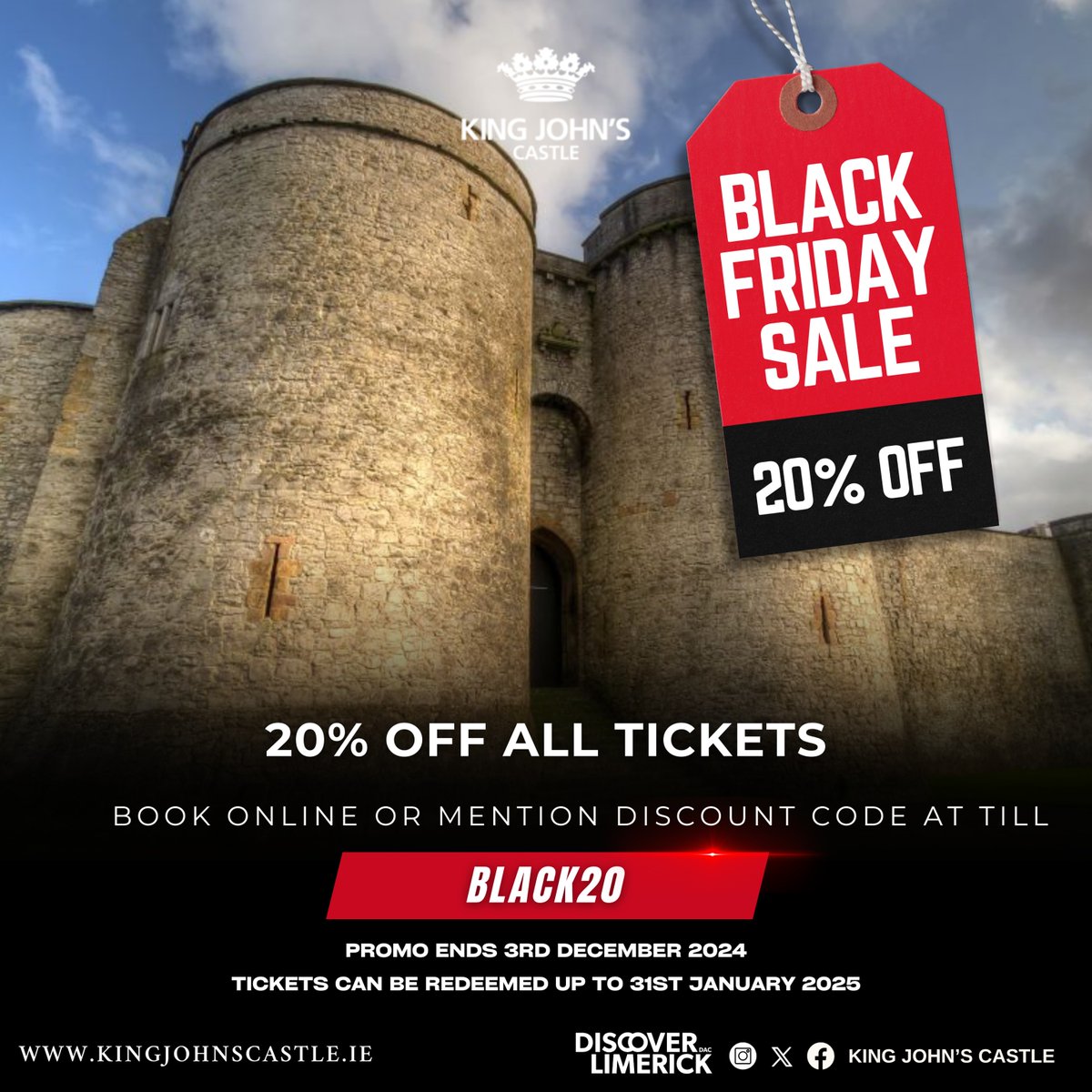 ⏳ Last chance! Get 20% off tickets to King John’s Castle - offer ends tomorrow night! 

Use code 'BLACK20' and explore history at a discount. 🎟️

Tickets can be redeemed until January 31st! 

#KingJohnsCastle #BlackFriday #CyberMonday #History #Castle #GatewayCity