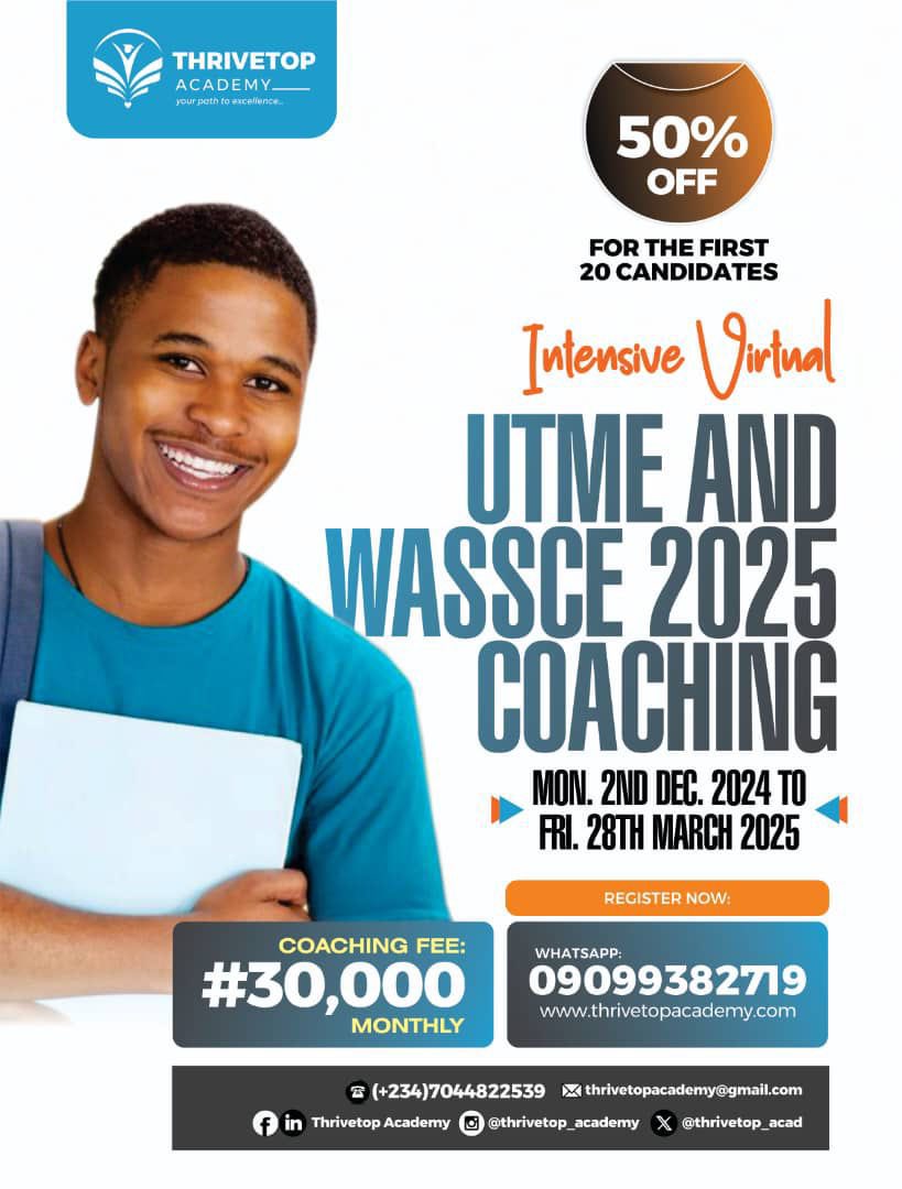 thrivetop_acad's tweet image. Today is the last day to lock in our discounted price! Starting tomorrow, the registration fee will be #30,000 per month. Register now to secure your spot!
#utme2025prep #onlneclasses #education #exams