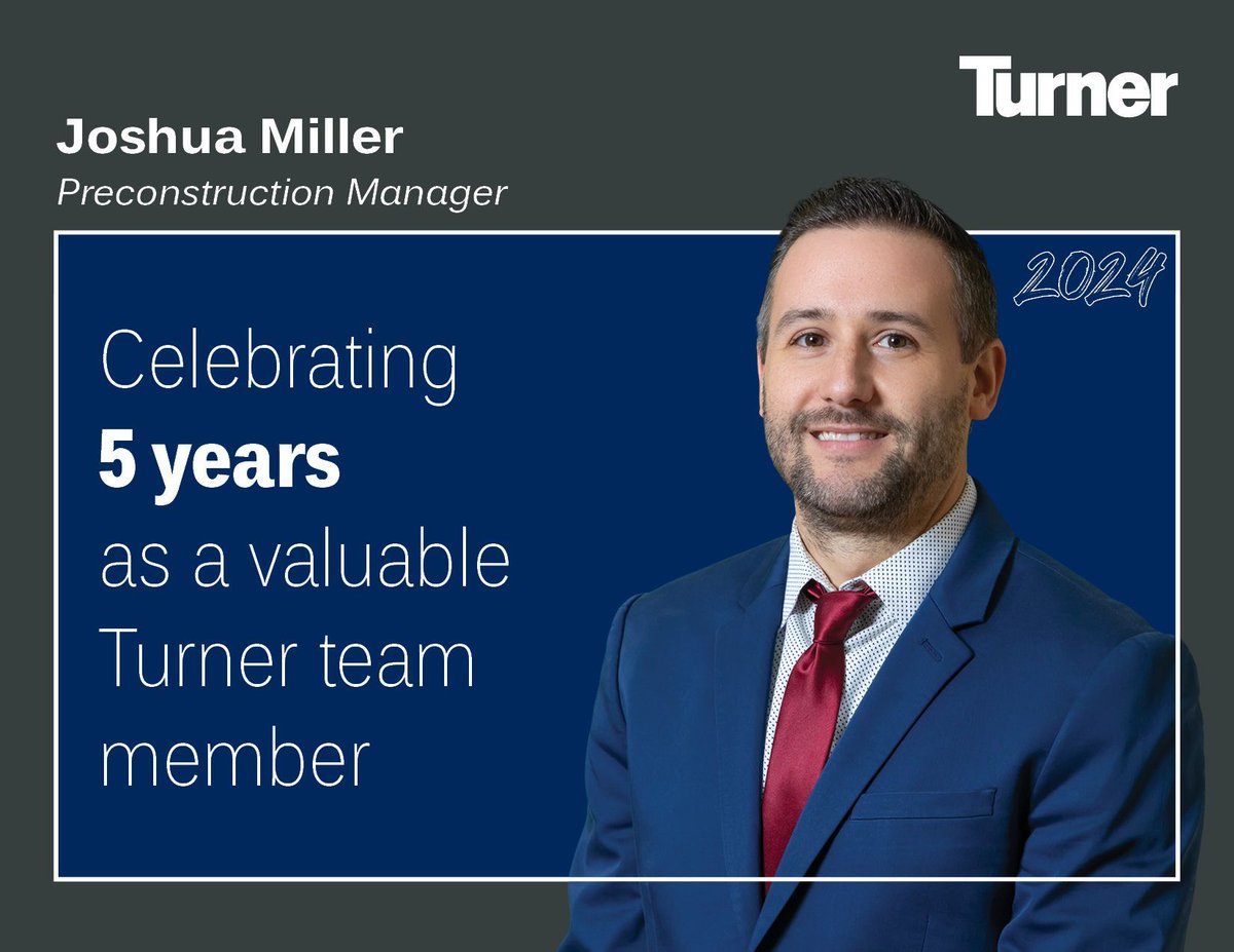 Join us in celebrating our November 2024 milestone anniversary. This past month, we are happy to honor Josh for his years of dedication and hard work with Turner. Thank you for your commitment, passion, and valuable contributions.