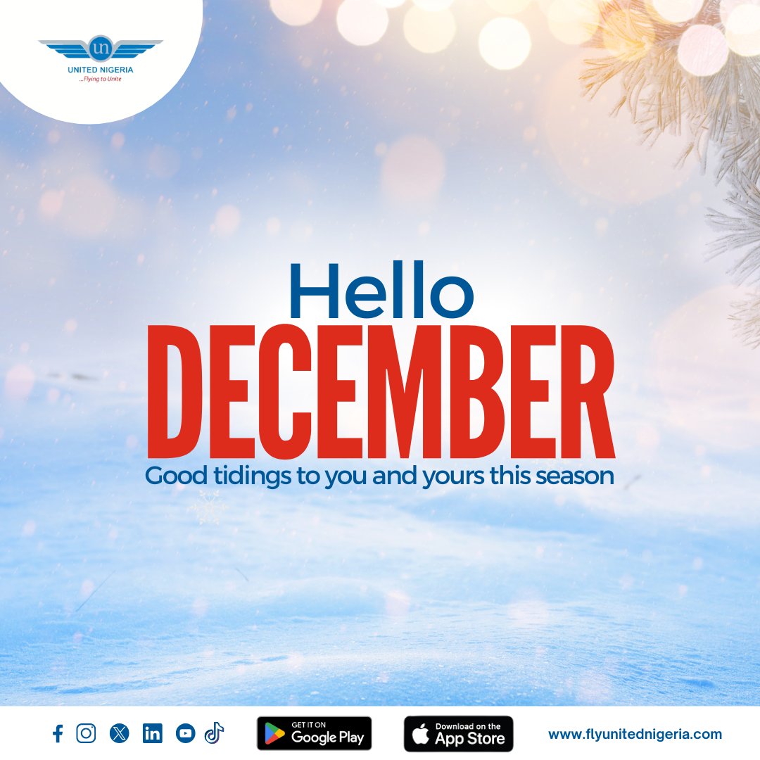 flyunitedng's tweet photo. Happy December! 🧑‍🎄 We wish you a prosperous new month filled with love, joy and blessings! 🎄

#UnitedNigeriaAirlines #FlyUnitedNigeriaAirlines #FlyingToUnite #AMoreRewardingWayToFly #holidaytravels #decemberholidays https://t.co/BMTq9xoTqb