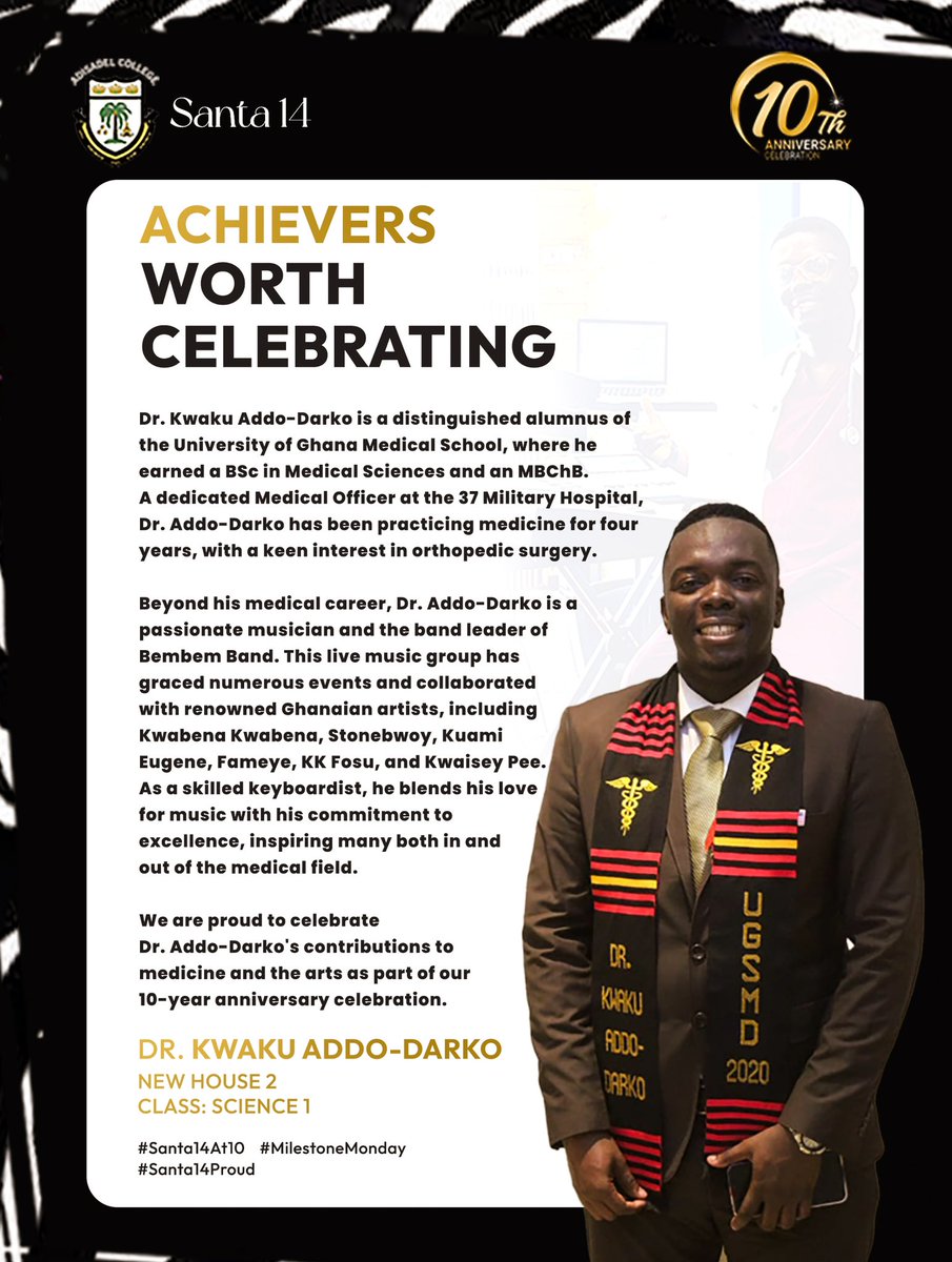 Spotlighting Greatness! 

Dr. Theophilus Siaw Kutin and Dr. Kwaku Addo-Darko are redefining excellence in healthcare, education and the arts.

Proud moments for us all as we celebrate their achievements.

<a href="/theokutz/">kojo__</a> 
<a href="/dr_bembem20/">KAD</a> 

#Santa14At10 
#MilestoneMonday 
#Santa14Proud