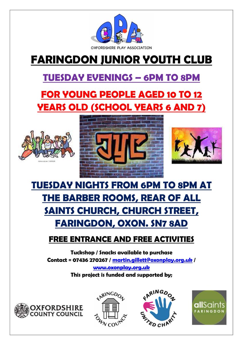 Oxon Play Assoc OPA (@oxonplay) on Twitter photo Our Faringdon Junior Youth Club sessions restart tomorrow, Tuesday 3rd December, in the Barber Rooms at All Saints Church, Faringdon 👍 For Young People aged 10 to 12 Years Old in School Years 6 and 7 👊 <a href="/FaringdonTC/">Faringdon T.Council</a> <a href="/bethiatld/">Bethia Thomas Faringdon 🔶</a> Our Faringdon Junior Youth Club sessions restart tomorrow, Tuesday 3rd December, in the Barber Rooms at All Saints Church, Faringdon 👍 For Young People aged 10 to 12 Years Old in School Years 6 and 7 👊 <a href="/FaringdonTC/">Faringdon T.Council</a> <a href="/bethiatld/">Bethia Thomas Faringdon 🔶</a>