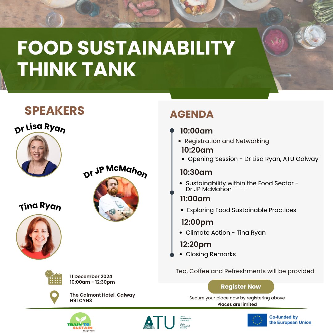 📢Have you registered?

We are hosting a #Food #Sustainability Think Tank, where innovative minds from the agri-food sector come together to shape a more sustainable future.

Join us on 11th December
T2SThinkTank.eventbrite.ie