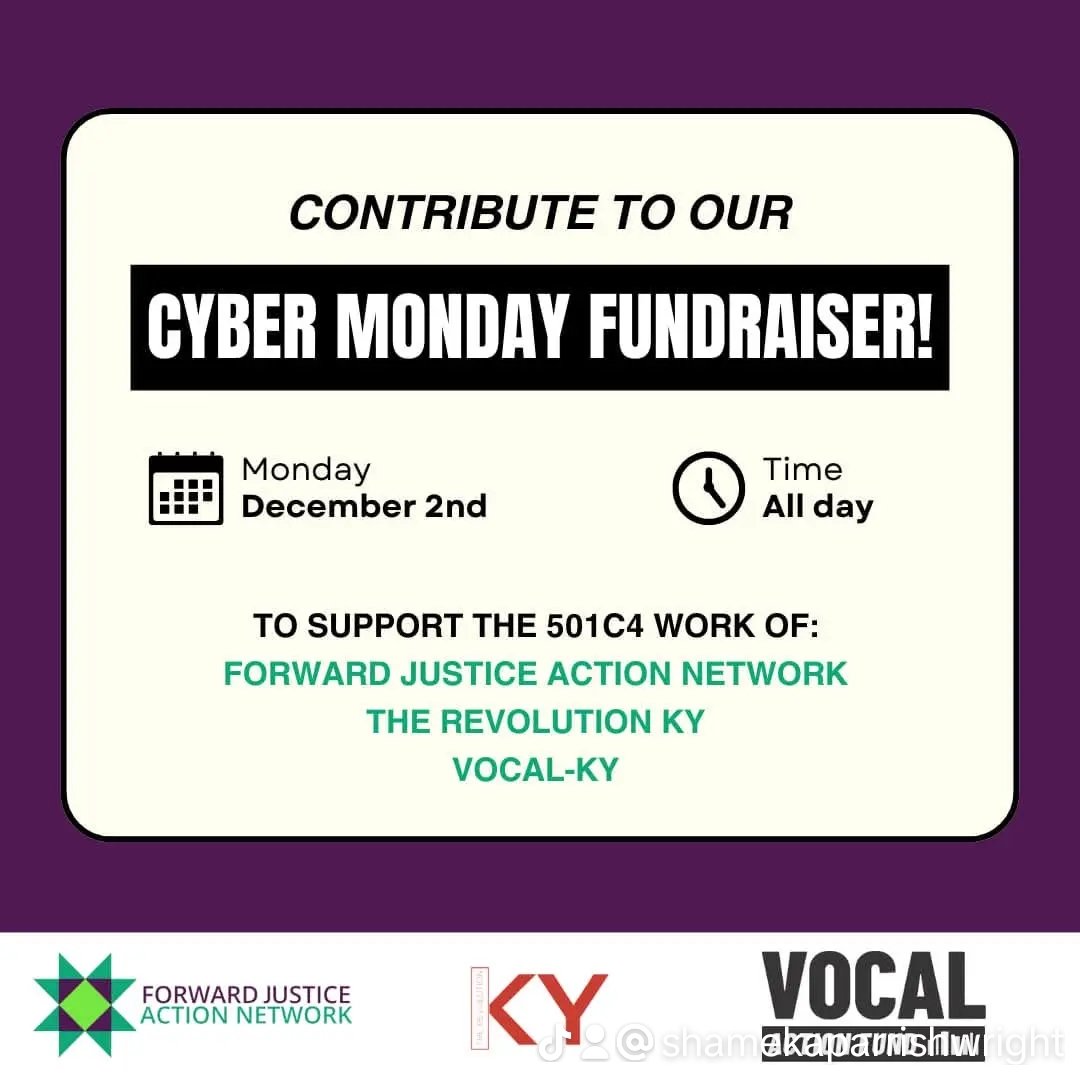 It's #CyberMonday, y'all! As you shop for deals, please consider supporting the C4 work of 3 amazing organizations today! 
In Kentucky, it is hard to get funding for C4 work. Your dollar goes the furthest with us. 
We will be raising funds all day! 

Each organization has set a
