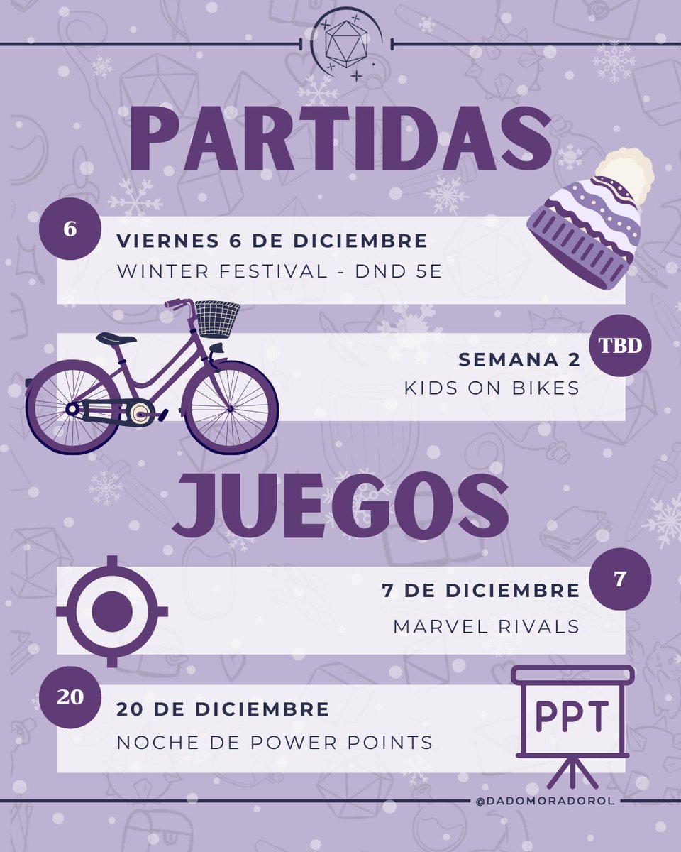 Así se ve diciembre en DadoMorado 🎲

✨ Dos partidas navideñas 🎅
🦸‍♀️ Marvel Rivals
💡 Noche de PowerPoints

¿Te veremos por allí? 💕

#rolonline