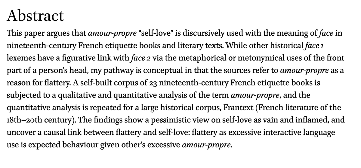 dr_politeness's tweet photo. 📢Now available: my chapter on #flattery as expected #facework in 19th-century French #etiquette books and #Frantext. "The findings show a pessimistic view on self-love as vain and inflamed, and uncover a causal link between flattery and self-love".
https://t.co/BeF76YR4ZH https://t.co/WXFOD4nVRJ