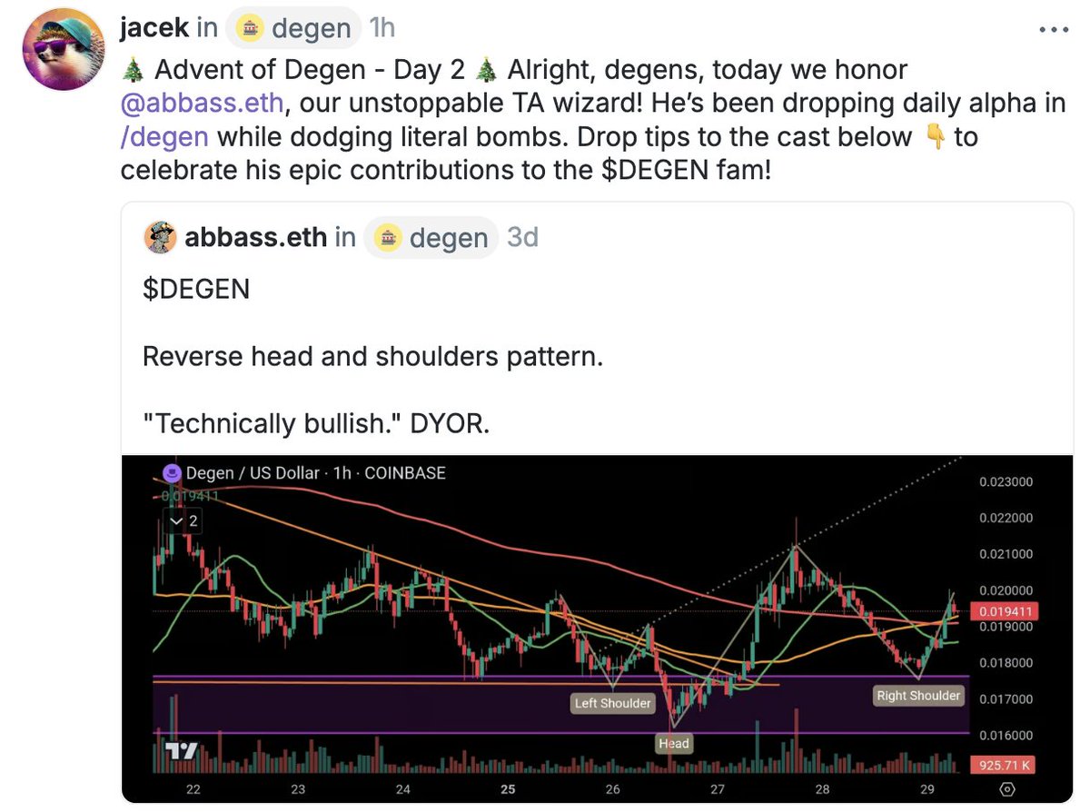 🎄 Advent of Degen - Day 2 🎄 Alright, degens, today we honor abbass.eth, our unstoppable TA wizard! He’s been sharing daily alpha in /degen on <a href="/warpcast_/">Warpcast</a>, all while dodging literal bombs. Show some degen love by dropping tips in the cast below. 👇 

warpcast.com/abbass.eth/0xe…