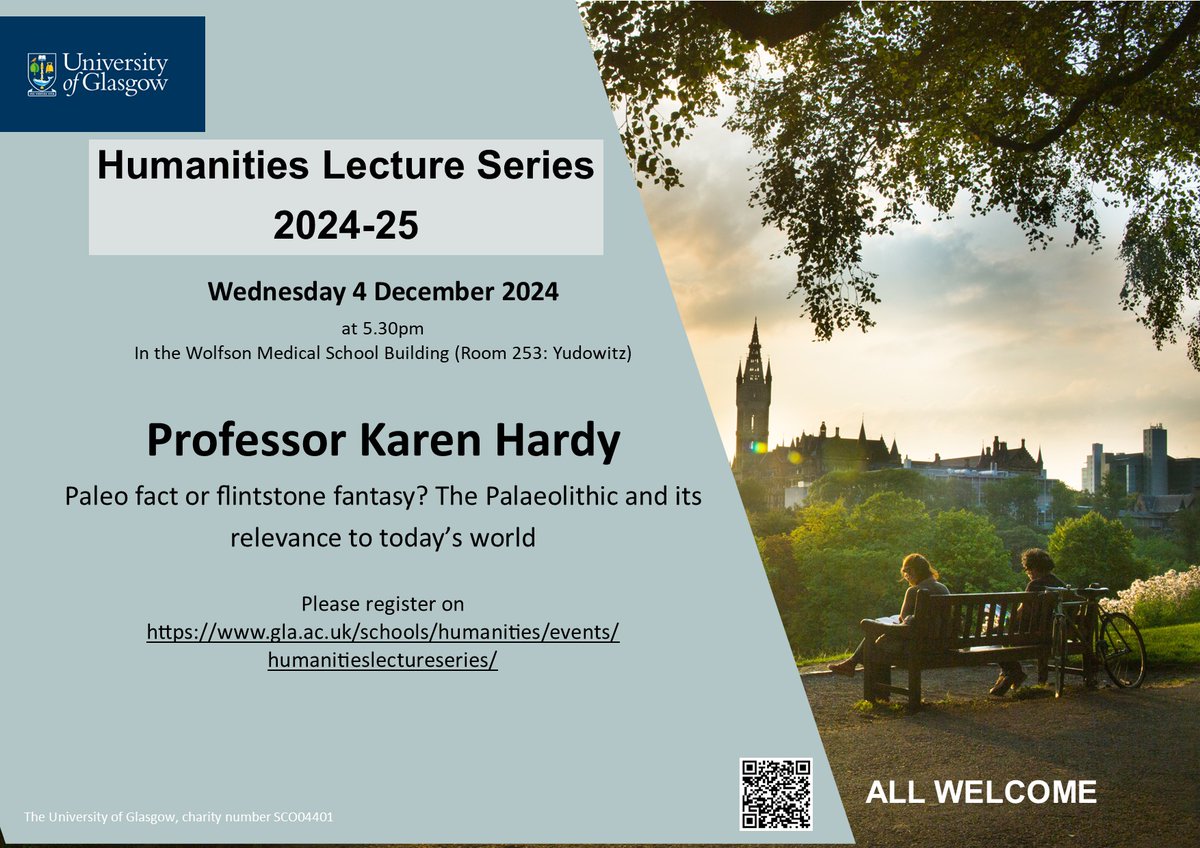 UofGHumanities's tweet image. 📢Our next Humanities Lecture is this Wednesday (4 Dec) at 5.30pm:
➡️Professor Karen Hardy&apos;s Inaugural Lecture
Paleo fact or flintstone fantasy? The Palaeolithic and its relevance to today’s world

⌨️Pls register on Eventbrite: eventbrite.com/cc/humanities-…

@UofGArchaeo  #palaeolithic