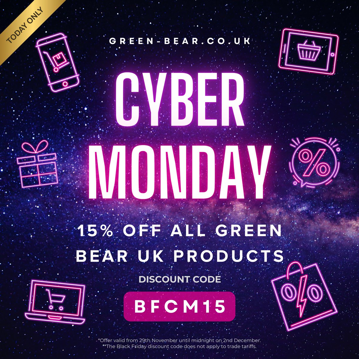 SAVE 15% on ALL Green Bear UK products! 🌿
🛒 When? 𝟮𝗻𝗱 𝗗𝗲𝗰𝗲𝗺𝗯𝗲𝗿 (ends midnight)
💻 How? Enter code 𝐛𝐟𝐜𝐦𝟏𝟓 at checkout and click "UPDATE BASKET" to apply your discount.
Visit green-bear.co.uk and snap up your favourites before they’re gone!

#CyberMonday