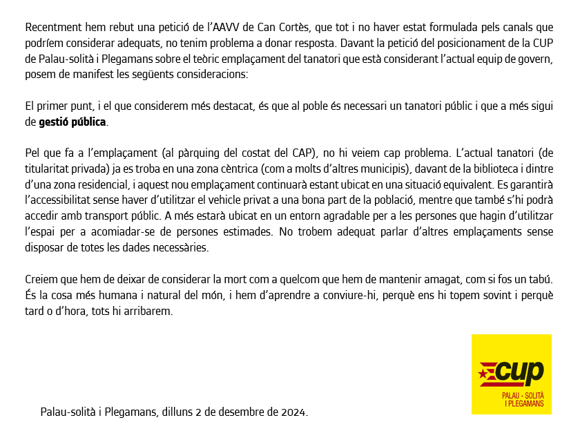 Respecte a la possible ubicació del nou tanatori: