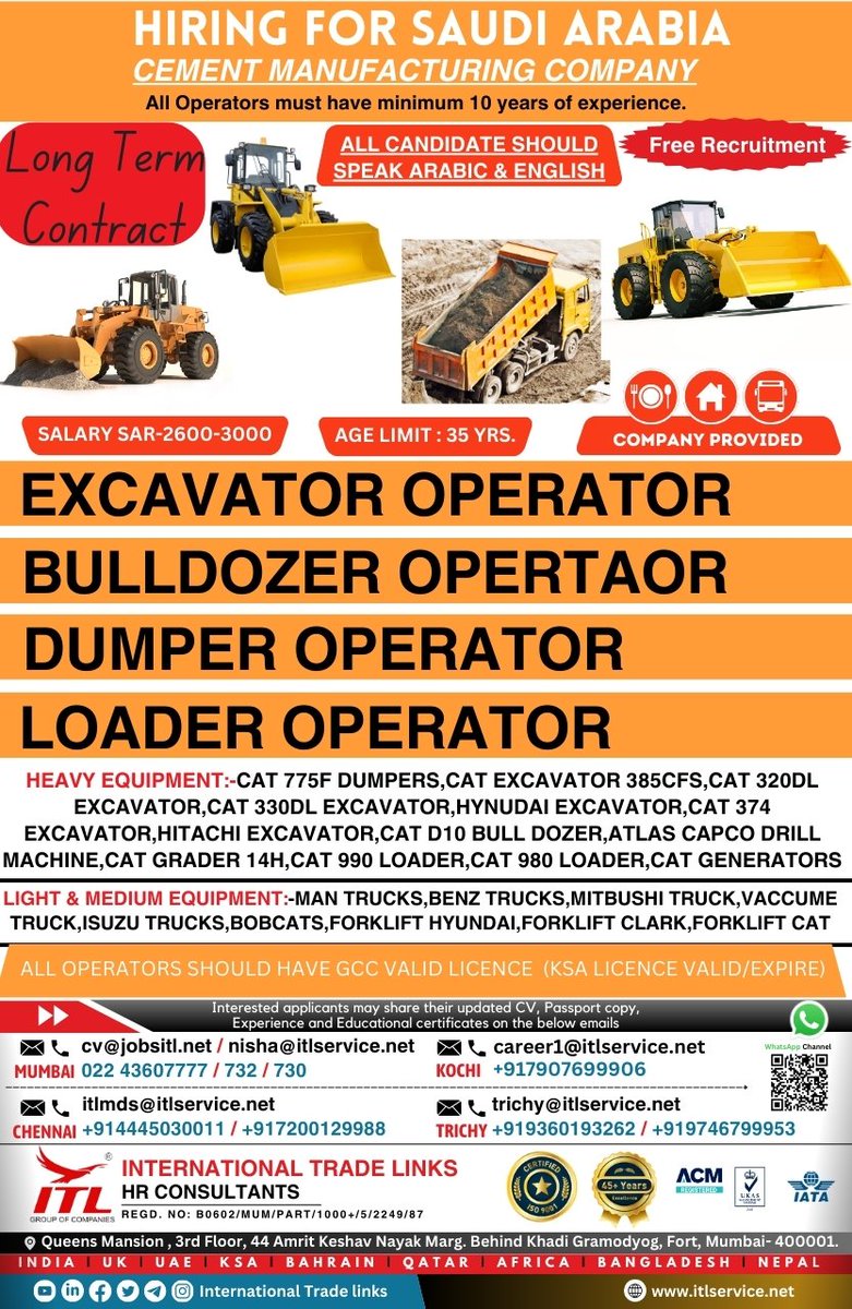 ItlJobs's tweet image. JOB VACANCY FOR #saudiarabiaInterested candidates, please send your updated CV on given email Learn more : https://itlservice.netITL H.O Location : bit.ly/3Nd5qXQ #BulldozerOperator #ExcavatorOperator #LoaderOperator #DumperOperator #Saudi #FreeVisa