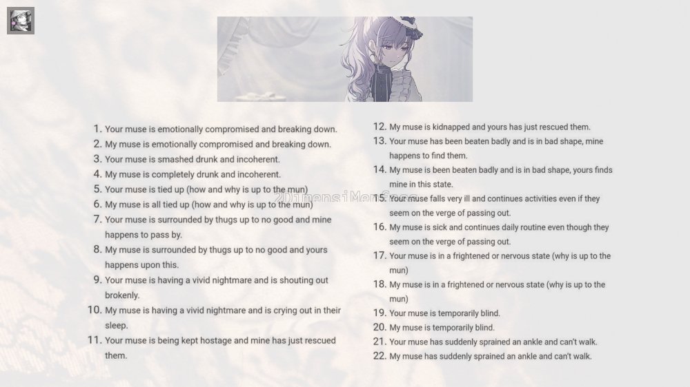 ( !2dfess ) 

good evening. i'm a witch from the ancient times, attempting to find new acquaintances. attached below is a list of promptsーreply with the number of your choosing and preferred language, or simply retweet to be mutuals. thank you. ー W-OC
