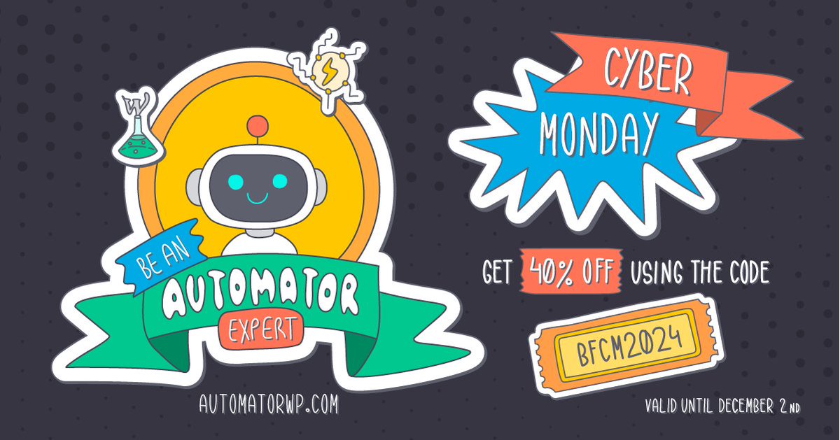 AutomatorWP's tweet image. Time to add #NoCode #automation to your #WordPress with our #CyberMonday sales! 🎉
Use the discount code BFCM2024 to get a 40% off in all your purchases until December 2nd here: 👇
automatorwp.com/pricing/