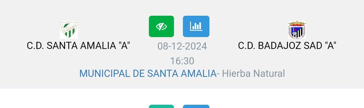 🚨 YA HAY HORARIO PARA EL ÚLTIMO PARTIDO DEL AÑO DEL CD BADAJOZ FUERA DE CASA

<a href="/CDSantaAmalia/">C. D. Santa Amalia</a> 🆚 <a href="/CDBadajoz/">CD Badajoz</a> 

📆 08/12/2024
🕛 16:30
🏟️ Municipal de Santa Amalia