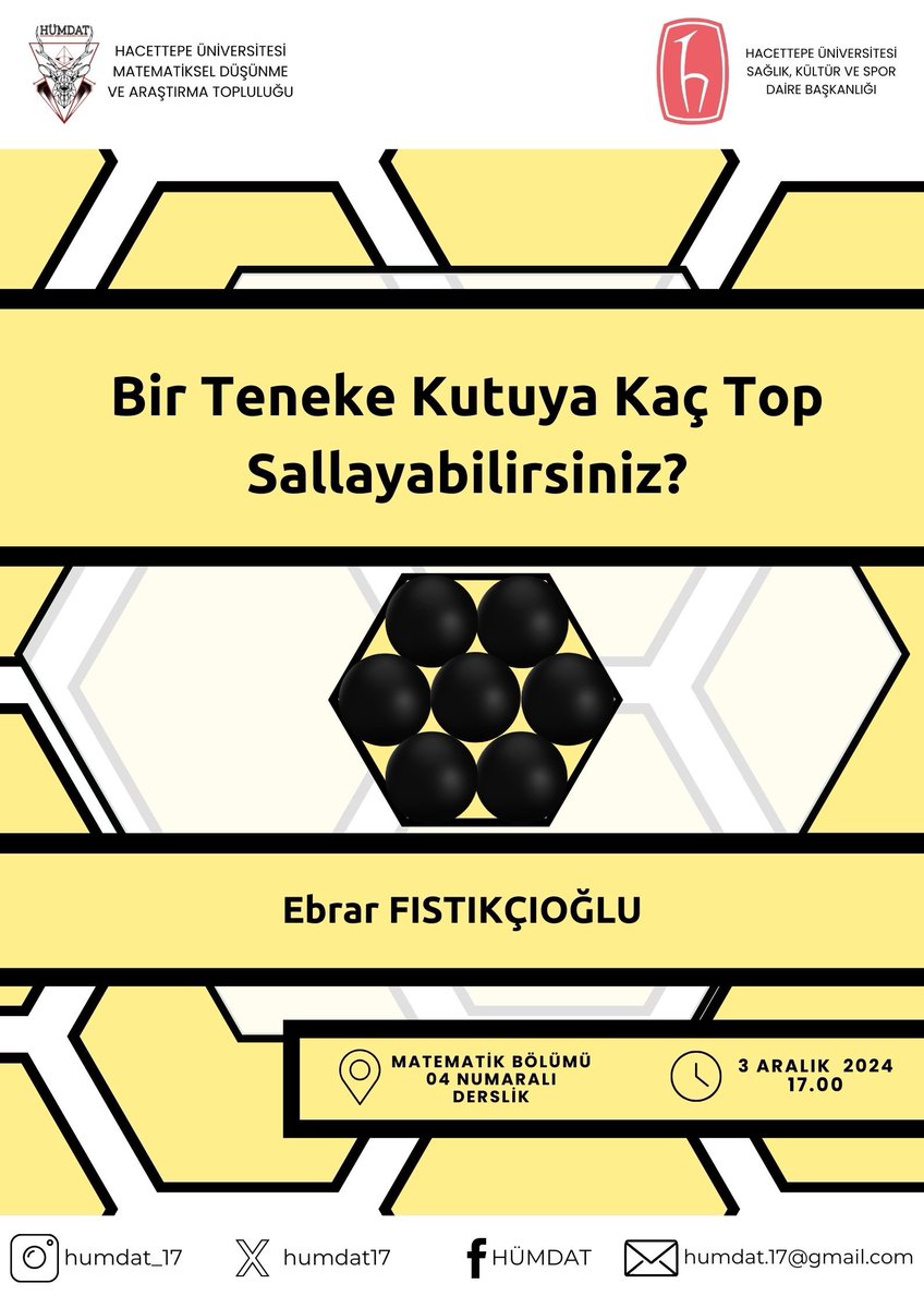 Herkese Merhaba ✨

Bu hafta Matematik bölümü 2. sınıf  öğrencisi Ebrar Fıstıkçıoğlu bize Malcolm Lines'ın Bir Sayı Tut kitabından bir bölümü anlatacak. 3 Aralık Salı günü Matematik bölümü 4 nolu derslikte olacağız. 
Görüşmek üzere !🙋🏻‍♀️