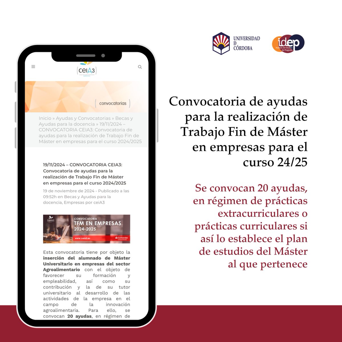 Convocatoria de ayudas para la realización de Trabajo Fin de Máster en empresas para el curso 24/25 ✅

2️⃣0️⃣ ayudas, en régimen de prácticas extracurriculares o prácticas curriculares si así lo establece el plan de estudios del Máster al que pertenece.

s.mtrbio.com/pmjwxbsqoa