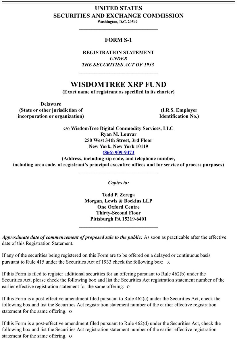 EleanorTerrett's tweet image. 🚨NEW: @WisdomTreeFunds officially files an S-1 with the @SECGov for an $XRP spot ETF.

WisdomTree joins @BitwiseInvest, @21Shares and @CanaryFunds in applying for an fund that tracks the daily price of $XRP.