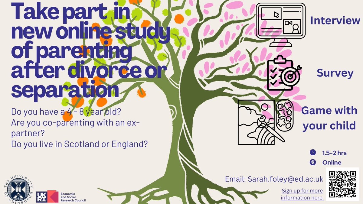 The Parenting After Divorce or Separation Study is exploring family life and children’s wellbeing in different post-separation parenting arrangements.

Sign up at tiny.cc/PADS_EOI or email sarah.foley@ed.ac.uk / <a href="/SE_Foley/">Dr Sarah Foley</a> for more information.

Find out more ⬇️