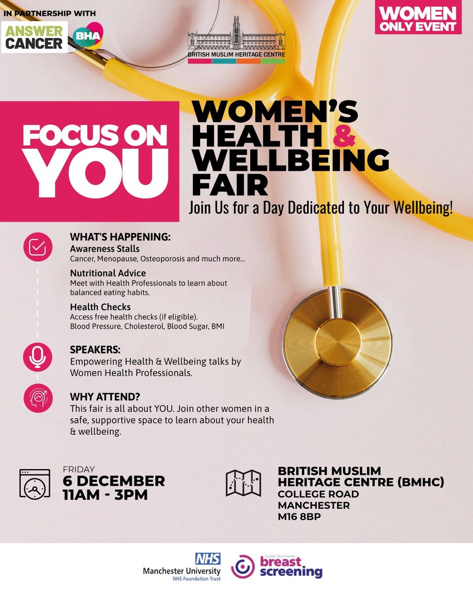 Join our women's health &amp; wellbeing fair on Friday 6th December, <a href="/thebmhc/">British Muslim Heritage Centre</a> from 11am-3pm. There will be awareness stalls, nutritional advice, health checks, speakers and much more. Hope to see you there!!