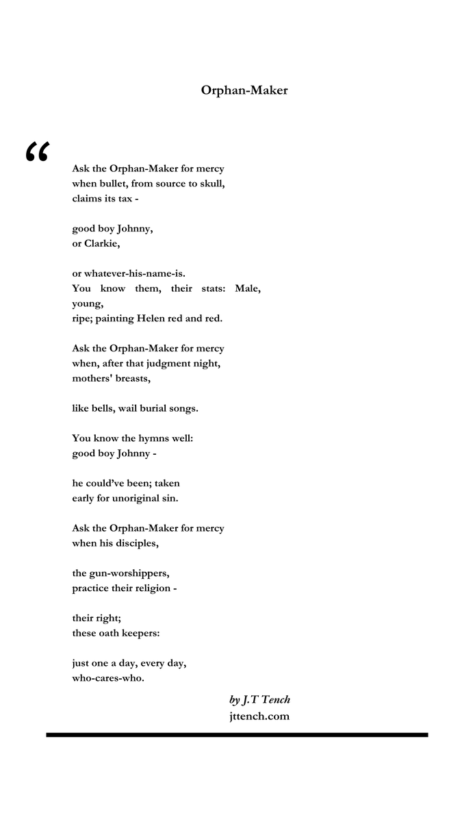 tejohdiam's tweet photo. Guns make Orphans. Check my poem out :)

https://t.co/1GeLZNt4z6 https://t.co/xzy6S28RCW