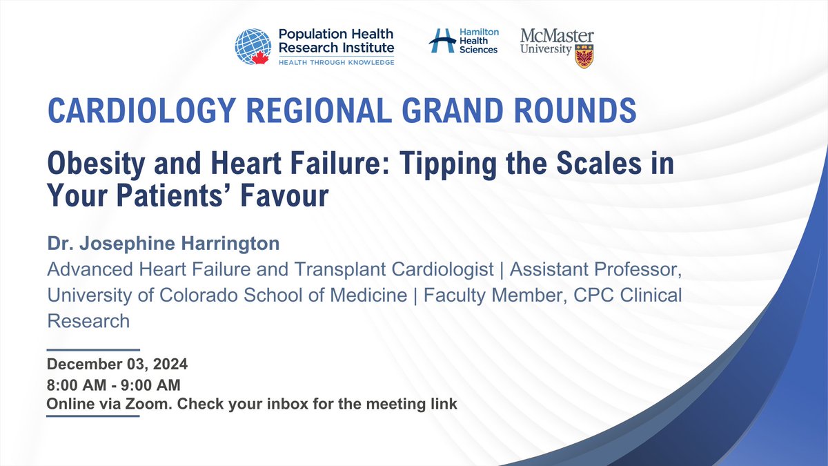 PHRI.ca Population Health Research Institute 🇨🇦 (@phriresearch) on Twitter photo This week's #Cardiology Regional Grand Round will focus on #obesity and #heartfailure. Join us for a presentation by Dr. Josephine Harrington (@jlharrington_md) from <a href="/cpcresearch/">CPC Clinical Research</a> and <a href="/CUMedicalSchool/">CU School of Medicine</a>.
<a href="/machealthsci/">McMaster Health Sciences</a> <a href="/MacDeptMed/">McMaster University Department of Medicine</a> <a href="/MacHeartFailure/">McMaster Heart Function Education</a> <a href="/hvanspall/">Harriette Van Spall, MD MPH 🇨🇦</a> #cardiotwitter This week's #Cardiology Regional Grand Round will focus on #obesity and #heartfailure. Join us for a presentation by Dr. Josephine Harrington (@jlharrington_md) from <a href="/cpcresearch/">CPC Clinical Research</a> and <a href="/CUMedicalSchool/">CU School of Medicine</a>.
<a href="/machealthsci/">McMaster Health Sciences</a> <a href="/MacDeptMed/">McMaster University Department of Medicine</a> <a href="/MacHeartFailure/">McMaster Heart Function Education</a> <a href="/hvanspall/">Harriette Van Spall, MD MPH 🇨🇦</a> #cardiotwitter