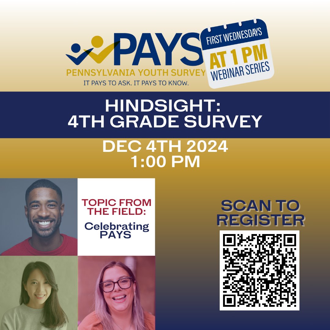 Evidence-based Prevention and Intervention Support (@epispennstate) on Twitter photo Join us this Wednesday, December 4th for the PAYS First Wednesday Webinar. On this months webinar we will review the 4th Grade Survey and celebrate your work in the field. Register for the First Wednesday Webinar by clicking psu.zoom.us/.../7216.../WN…...
#itpaystoknow #paysguide Join us this Wednesday, December 4th for the PAYS First Wednesday Webinar. On this months webinar we will review the 4th Grade Survey and celebrate your work in the field. Register for the First Wednesday Webinar by clicking psu.zoom.us/.../7216.../WN…...
#itpaystoknow #paysguide