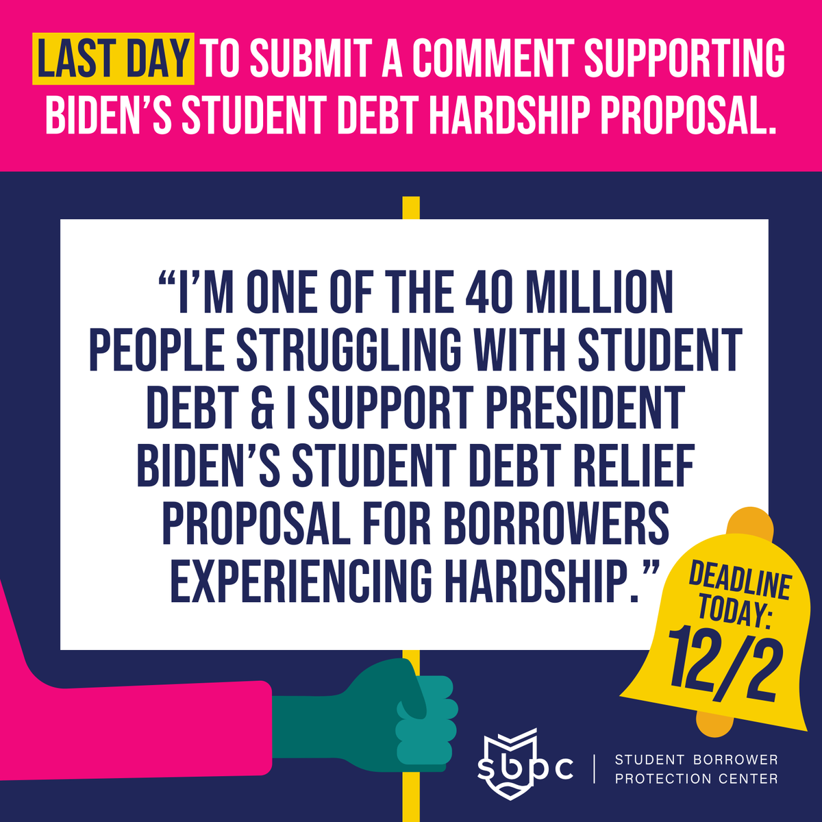 🚨TODAY IS THE LAST DAY YOU CAN SUBMIT A COMMENT SUPPORTING BIDEN'S STUDENT DEBT RELIEF PROPOSAL FOR BORROWERS EXPERIENCING HARDSHIP.🚨

Take action to protect student debt relief ➘ bit.ly/hardship-nprm-…