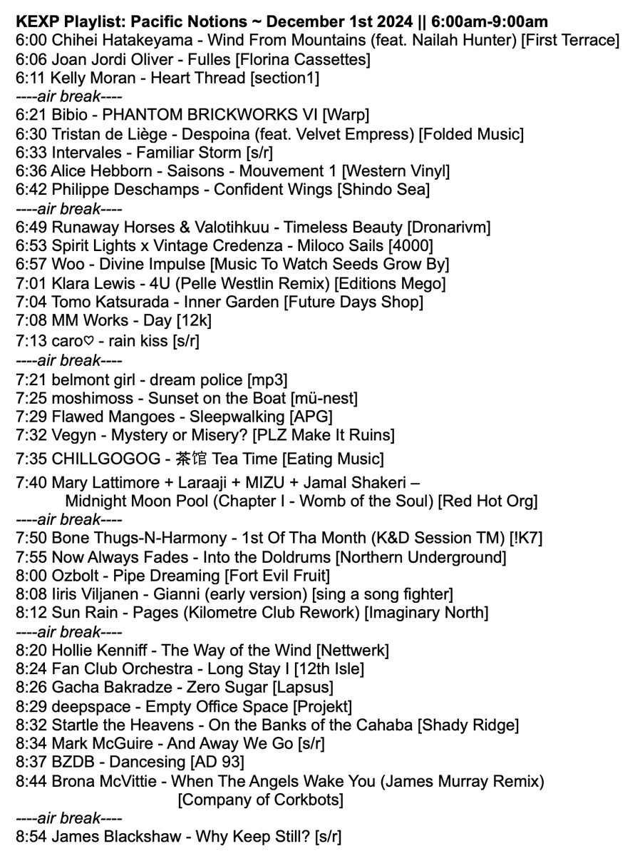 Hush Hush Records (@hushhushrecords) on Twitter photo 'Pacific Notions' ~ Dec 1st 2024 🌊💙
Stream before Dec 15th: bit.ly/3CQMMBH
...or from the <a href="/kexp/">kexp</a> app 🎧
3 hours of beautiful music, feat. new sounds via <a href="/FirstTerrace/">First Terrace Recs</a> <a href="/section1world/">s❶</a> <a href="/WarpRecords/">Warp Records</a> <a href="/westernvinyl/">Western Vinyl</a> <a href="/dronarivm/">Dronarivm</a> <a href="/mu_nest/">mü-nest</a> <a href="/LapsusBarcelona/">Lapsus</a> <a href="/AD93rec/">AD 93</a> + more 📻 'Pacific Notions' ~ Dec 1st 2024 🌊💙
Stream before Dec 15th: bit.ly/3CQMMBH
...or from the <a href="/kexp/">kexp</a> app 🎧
3 hours of beautiful music, feat. new sounds via <a href="/FirstTerrace/">First Terrace Recs</a> <a href="/section1world/">s❶</a> <a href="/WarpRecords/">Warp Records</a> <a href="/westernvinyl/">Western Vinyl</a> <a href="/dronarivm/">Dronarivm</a> <a href="/mu_nest/">mü-nest</a> <a href="/LapsusBarcelona/">Lapsus</a> <a href="/AD93rec/">AD 93</a> + more 📻