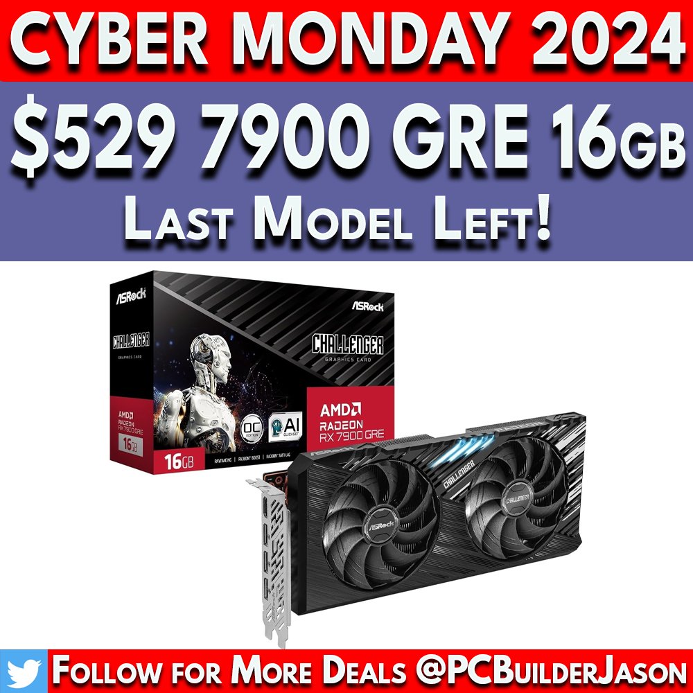 PCBuilderJason's tweet image. ASRock 7900 GRE➡️ amzn.to/3ZgAl9V
affiliate

By popular demand! As powerful as the 4070 Super with 16GB VRAM. Last US Model listing standing. If you want it grab it. At #Amazon #PCBuilder #CyberMonday2024