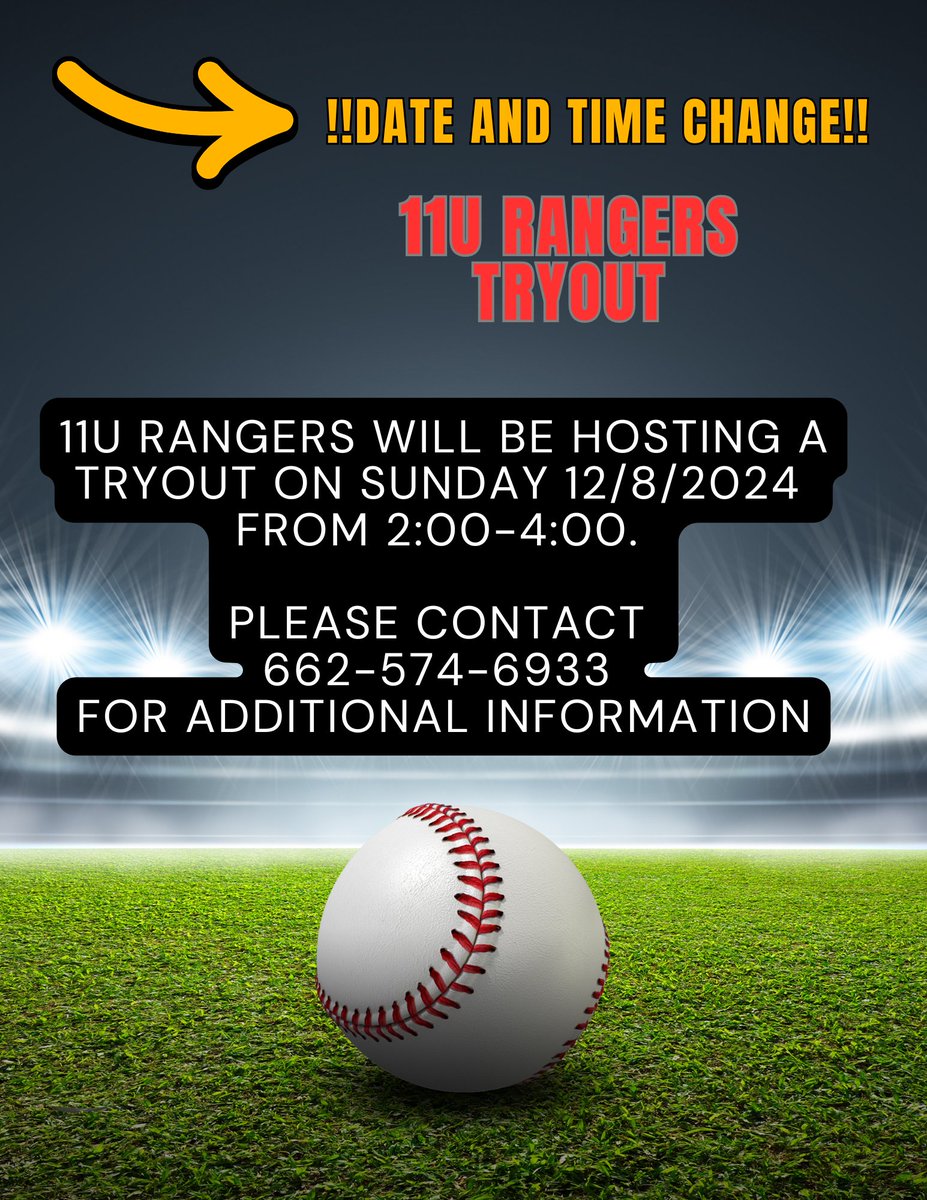 TYBABaseball's tweet image. DATE AND TIME CHANGE FOR 11U TRYOUTS!