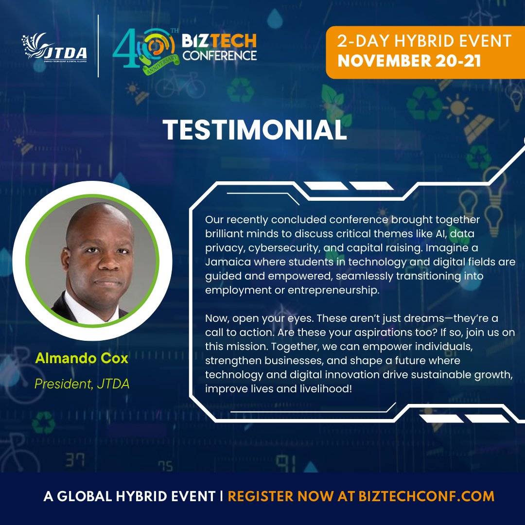 Almando Cox, President of the JTDA talks about the importance of BizTech, and shares a call to action for everyone. 

#JTDA #BizTech2024 #TechFusion #Innovation