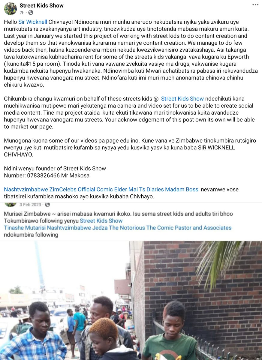 Hello <a href="/wicknellchivayo/">sir_wicknell.</a> 

Retweet until he sees it

Facebook link:  facebook.com/share/p/15goWj…