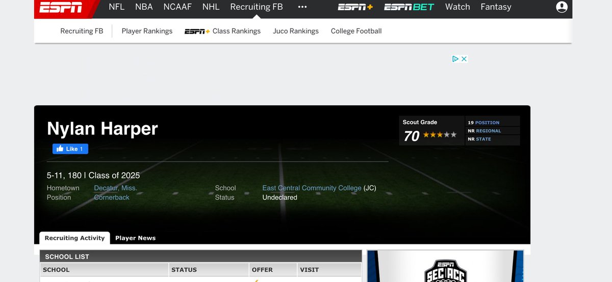 Nylanharper_6's tweet photo. Thanks @espn for ranking me as a 3 ⭐️ &amp; #19 nationally at my position!!!

@ESPNCFB @espn @Coach_CJBailey @JUCOFFrenzy @JuCoFootballACE @MSJUCOREPORT @juco https://t.co/Bovjd3DHWR