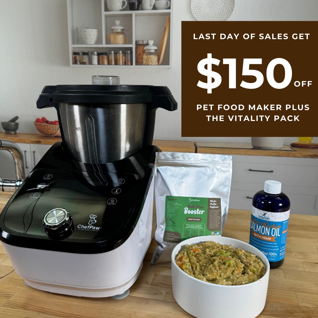 OfficialChefPaw's tweet photo. 💻🐾 It’s #CyberMonday! Get $150 OFF your #PetFoodMaker PLUS the Vitality Pack! No discount code needed—it’s automatically applied at checkout. Just make sure to add the #VitalityPack to your cart! Visit https://t.co/cVl8rQ7tVg now! https://t.co/coDGf9IJIE